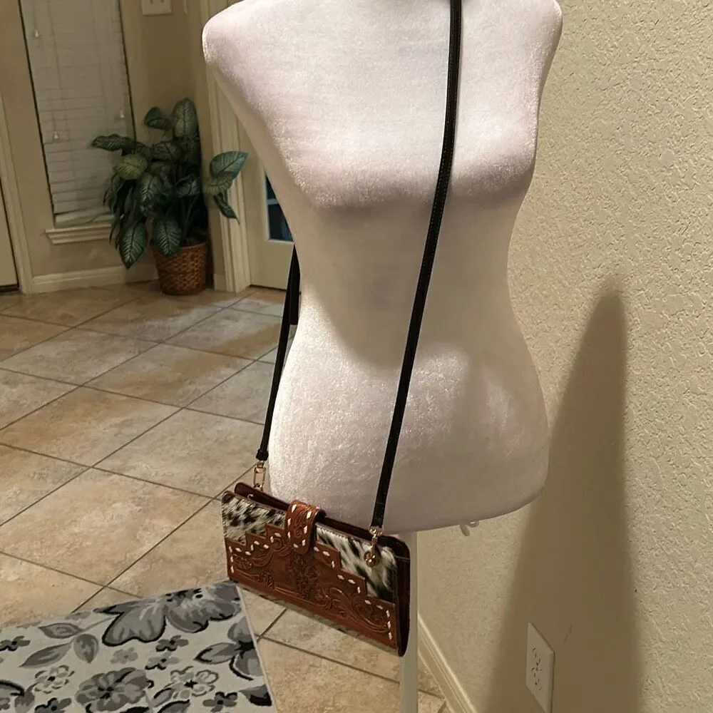 Sexy Little Vintage Leather And Cowhair Western Wallet On Chain Black Brown New